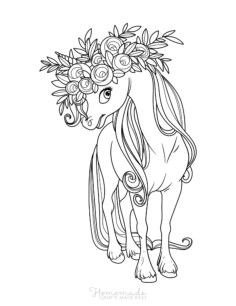 Unicorn With Flowers In Mane Unicorn Coloring Pages Pdf, Free Vectors File